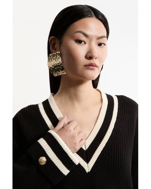 Karen Millen Black Cotton V Neck Knit Boxy Jumper