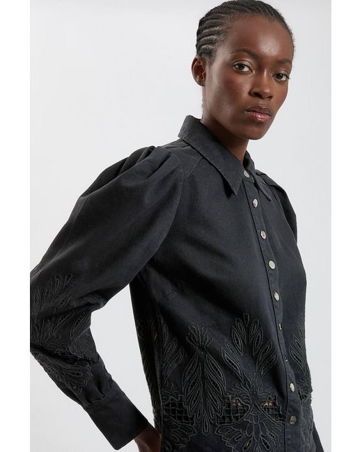 Karen Millen Black Denim Cut Out Collared Shirt