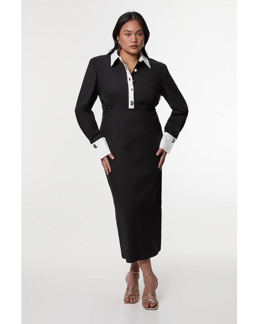 Karen Millen Black Plus Size Techno Cotton Woven Maxi Dress With Contrast Placket