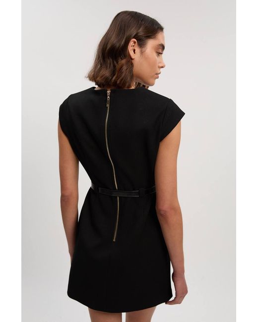 Karen Millen Black Textured Compact Stretch Tailored Belted Mini Dress