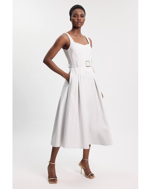 Karen Millen White Premium Cotton Tailored Fabric Belted Buckle Midi Dress