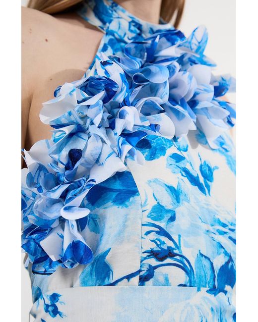 Karen Millen Blue Petite Rosette Ruffle Woven Maxi Halter Dress