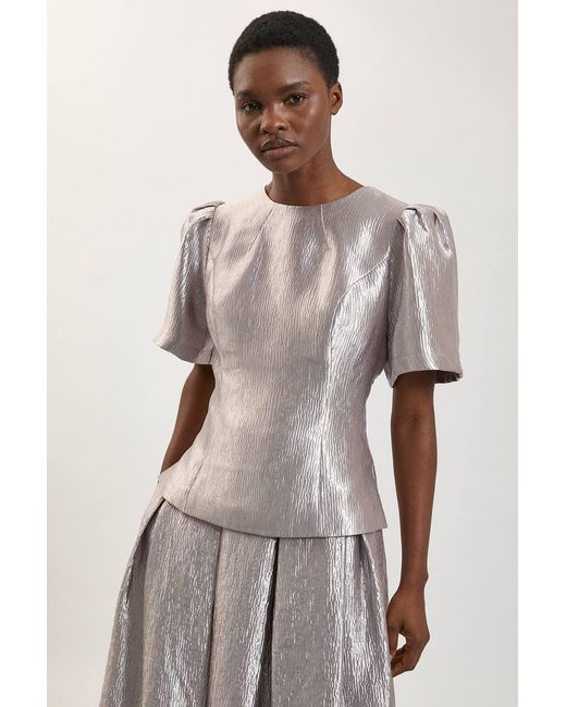 Karen Millen Purple Metallic Textured Puff Sleeve Top