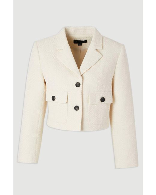 Karen Millen Natural Textured Tweed Pocket Front Tailored Cropped Jacket