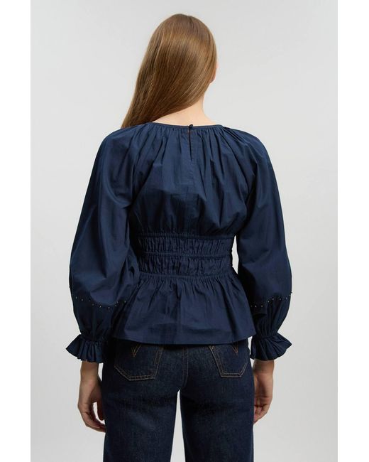 Karen Millen Blue Shirred Cotton Balloon Sleeve Blouse