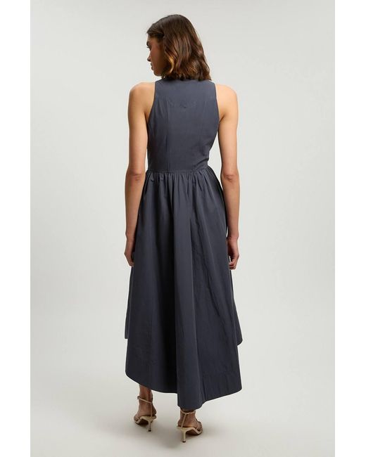 Karen Millen Blue Cotton Poplin Tie Neck Midi Dress