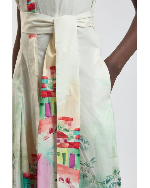 Karen Millen White Scenic Print Cotton Sateen Shirt Dress