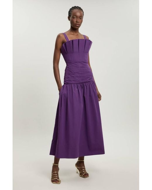 Karen Millen Purple Poplin Pleated Midi Dress