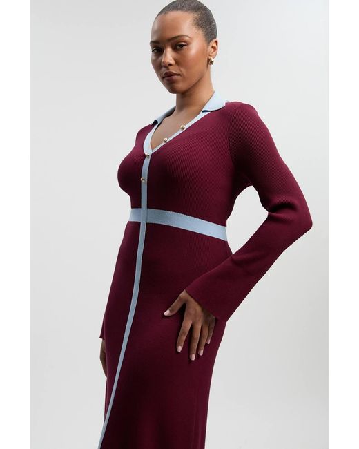 Karen Millen Plus Size Knit Rib With Contrast Waist Detail Collared Midi Dress
