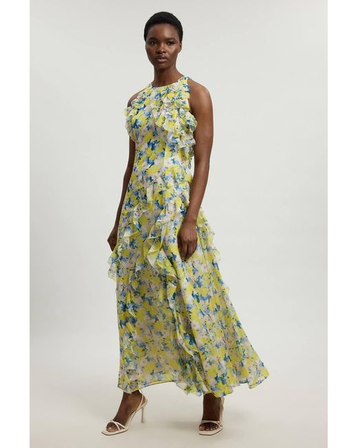 Karen Millen Green Petite Crinkle Georgette Ruffle Detail Halter Neck Woven Maxi Dress