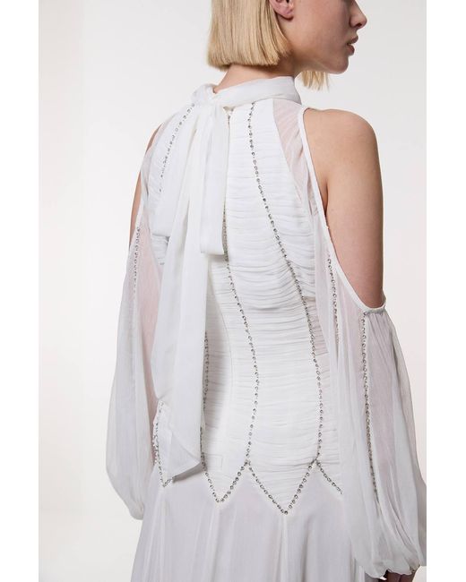 Karen Millen White High Neck Embellished Ruched Georgette Woven Maxi Dress