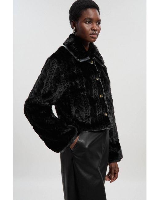 Karen Millen Black Textured Faux Fur Tailored Coat