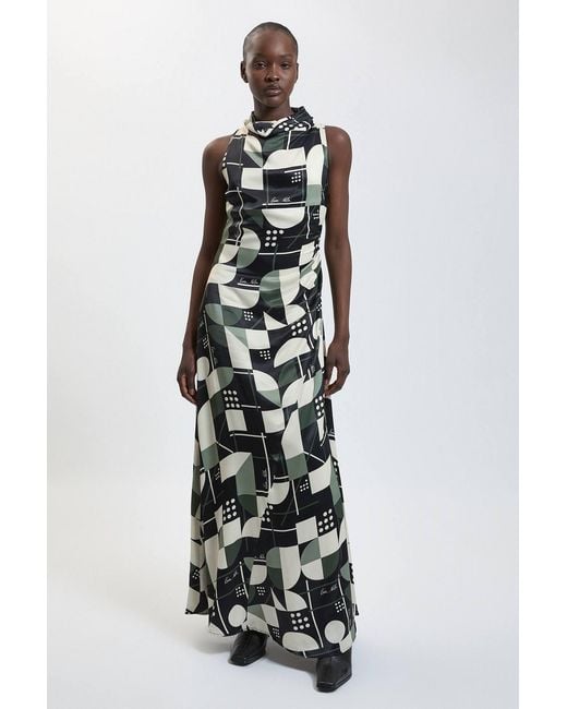 Karen Millen White Satin Viscose Printed Drape Cowl Neck Maxi Dress