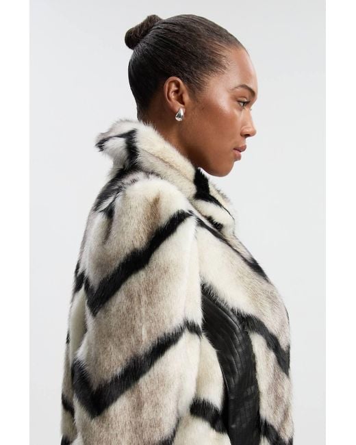 Karen Millen Multicolor Plus Size Faux Fur Pu Panelled Stripe Belted Cropped Jacket
