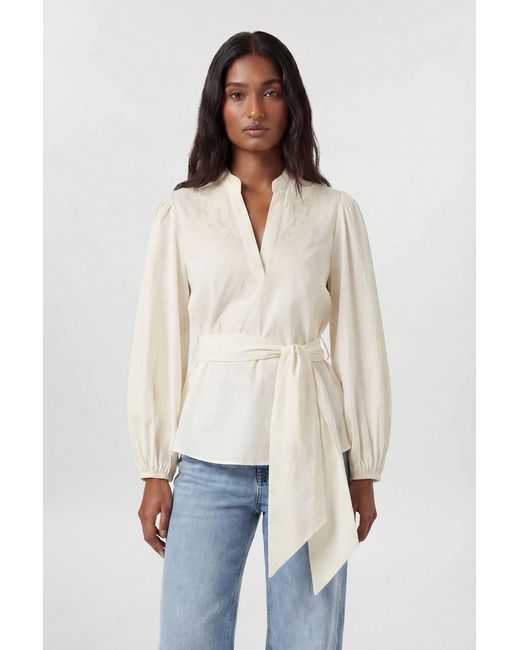 Karen Millen Blue Poplin Embroidered Detail Belted Blouse