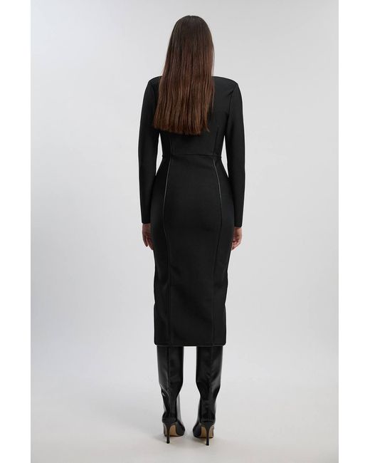 Karen Millen Black Pu Tipped Detail Zip Through Bandage Knit Midi Dress