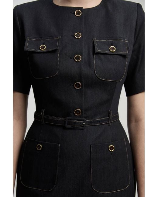 Karen Millen Black Tailored Denim Belted Midi Dress