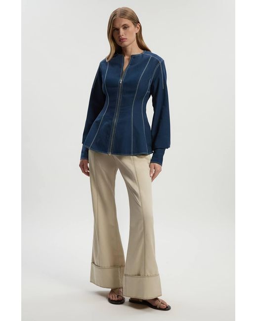 Karen Millen Blue Tencel Cotton Contrast Stitch Zip Front Woven Jacket