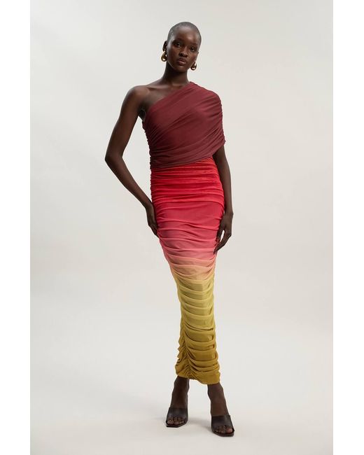 Karen Millen Red Ombre One Shoulder Mesh Jersey Maxi Dress