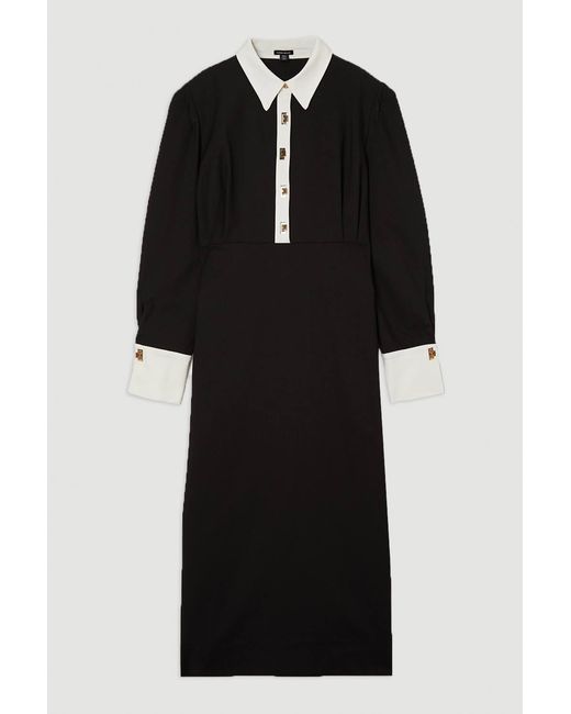 Karen Millen Black Plus Size Techno Cotton Woven Maxi Dress With Contrast Placket