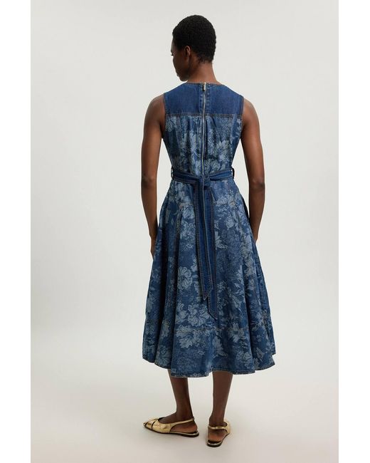 Karen Millen Blue Jacquard Denim Full Skirted Midi Dress