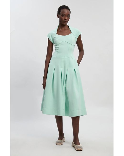 Karen Millen Green Compact Stretch Dropped Waist Full Skirted Midi Dress