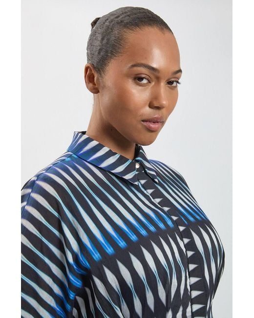 Karen Millen Blue Plus Size Stripe Collared Woven Midi Dress