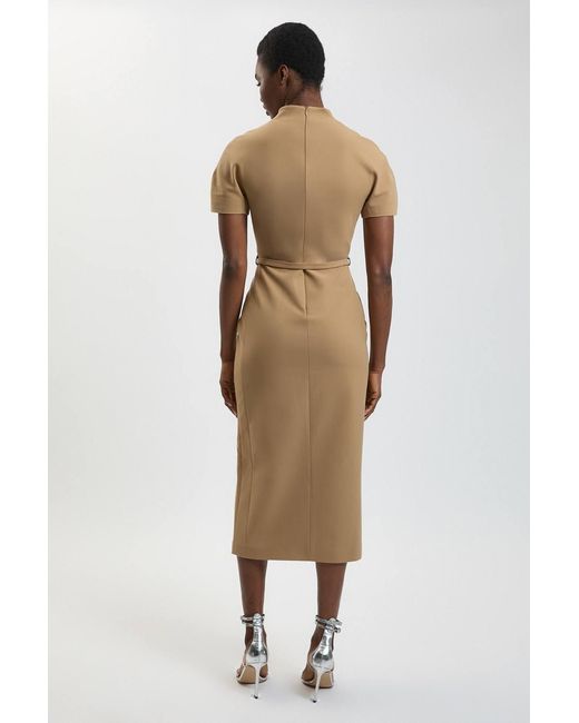 Karen Millen Natural Compact Stretch Tailored Belted Midi Pencil Dress