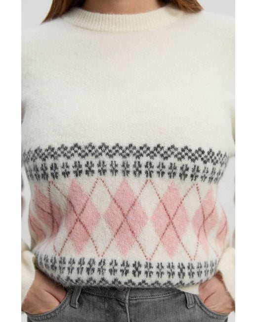 Karen Millen Gray Premium Alpaca Wool Blend Fairisle Knitted Jumper