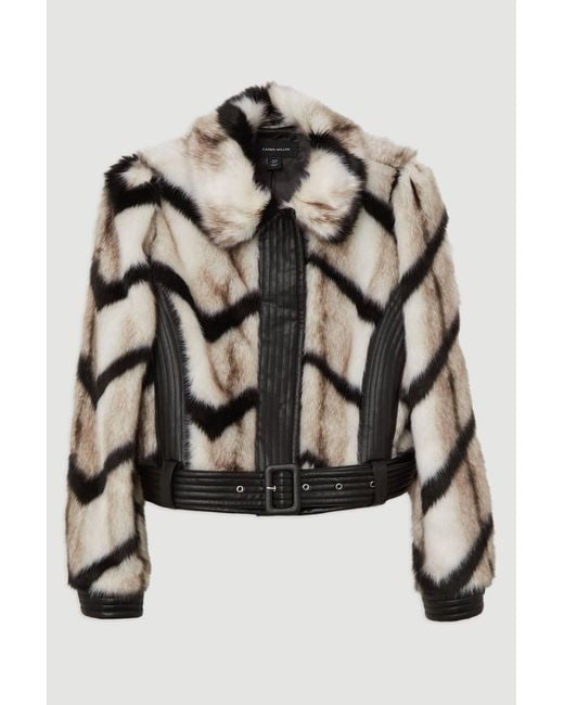 Karen Millen Multicolor Faux Fur Pu Panelled Stripe Belted Cropped Jacket