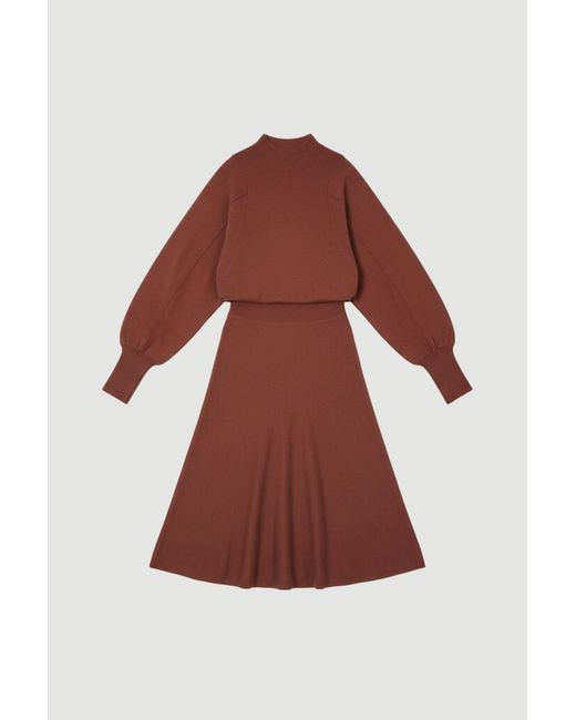 Karen Millen Red Wool Look Rounded Sleeve Knit Midi Dress