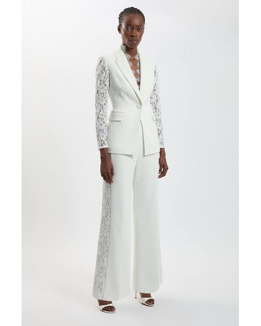 Karen Millen White Compact Stretch Lace Mix Tailored Single Breasted Blazer