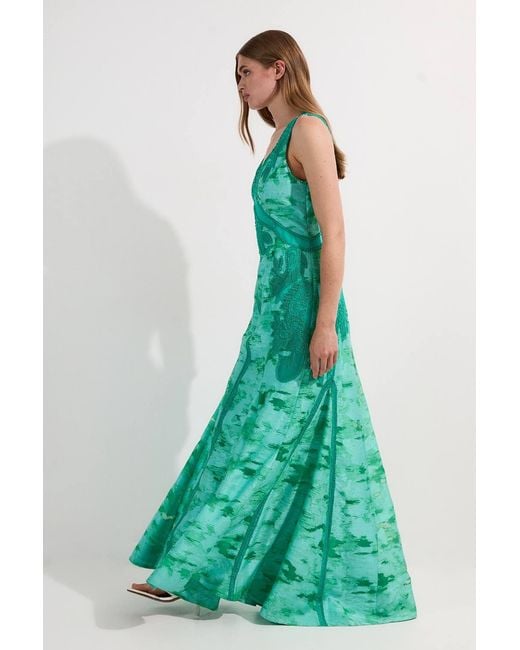 Karen Millen Green Burnout Embellished And Beaded Open Back Woven Maxi Dress