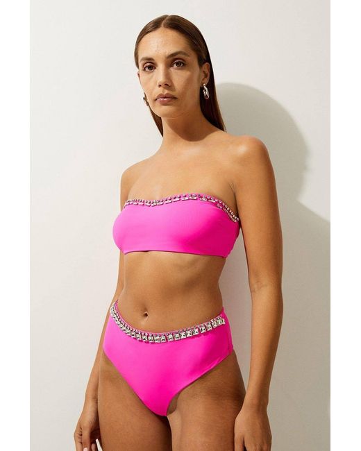 Karen Millen Pink Premium Embellished High Waist Bikini Bottoms