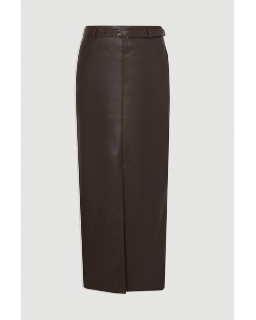 Karen Millen Brown Faux Leather Tailored Midi Pencil Skirt
