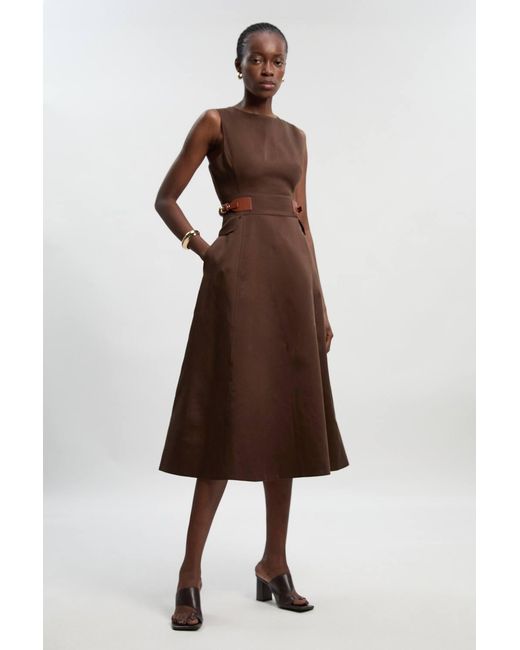 Karen Millen Brown Tailored Linen Tab Waist Detail Full Skirt Midi Dress