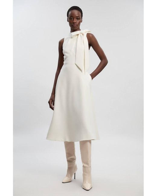 Karen Millen White Compact Stretch Bow Tie Neck Full Skirted Midi Dress