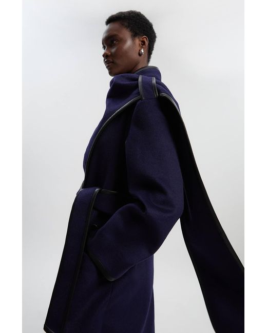 Karen Millen Blue Brushed Wool Pu Mix Scarf Neck Belted Tailored Maxi Coat