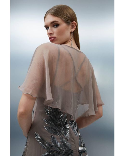 Karen Millen Gray Petite Feather Embellished Woven Cape Sleeve Maxi Dress