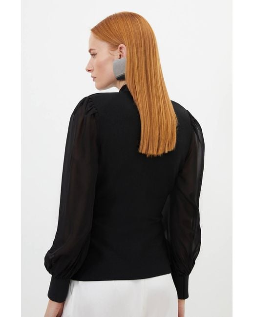 Karen Millen Black Bandage Figure Form Zip Detail Chiffon Sleeve Knit Top