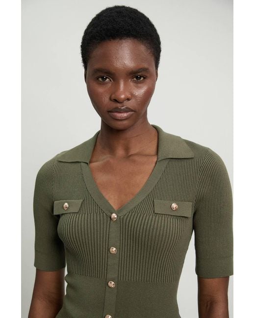 Karen Millen Green Military Trim Rib Knit Short Sleeve Collared Top