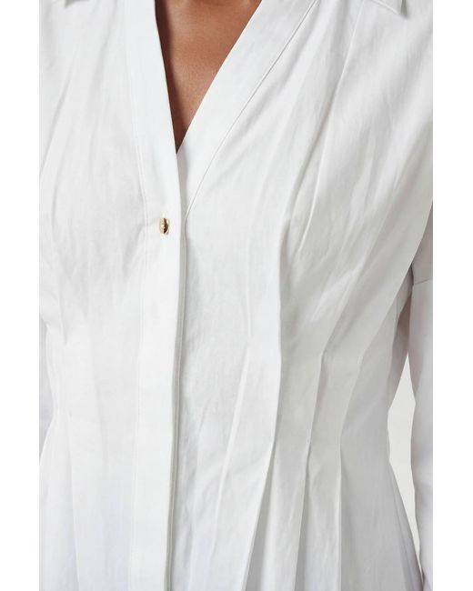 Karen Millen Blue Cotton Pleated Detail Long Sleeve Shirt