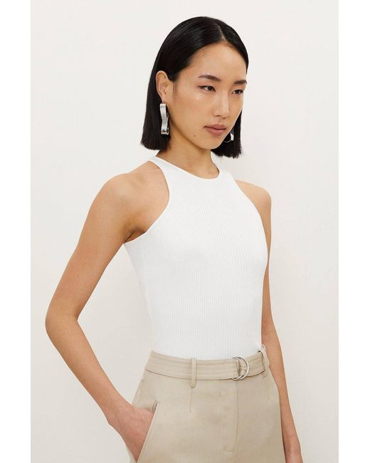 Karen Millen White Viscose Blend Rib Knit Racer Vest Top