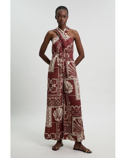 Karen Millen Brown Linen Viscose Tile Print Belted Woven Jumpsuit