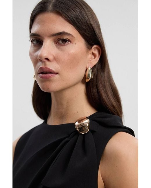 Karen Millen Black Compact Stretch Bow Tie Neck Trim Detail Tailored Full Midi Dress