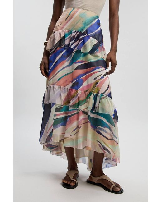Karen Millen White Marble Print Crinkle Chiffon Woven Maxi Skirt