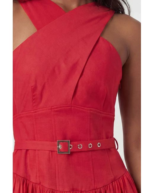 Karen Millen Premium Tailored Linen Halter Neck Belted Full Midi Dress