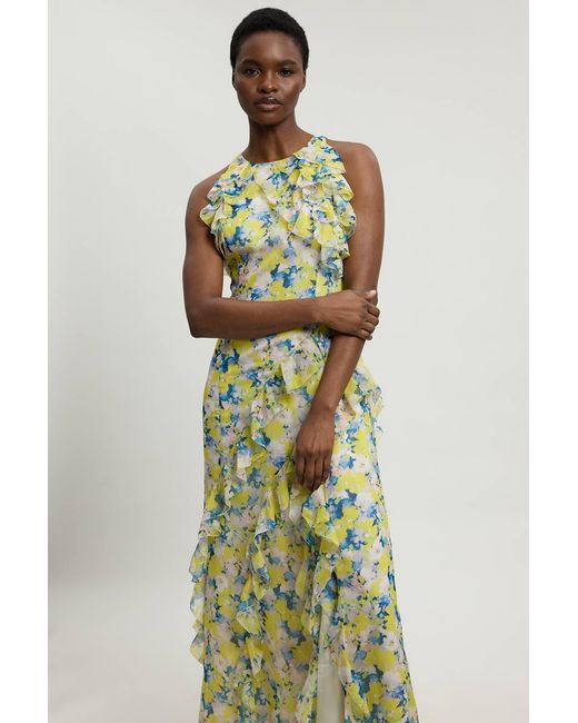 Karen Millen Green Petite Crinkle Georgette Ruffle Detail Halter Neck Woven Maxi Dress