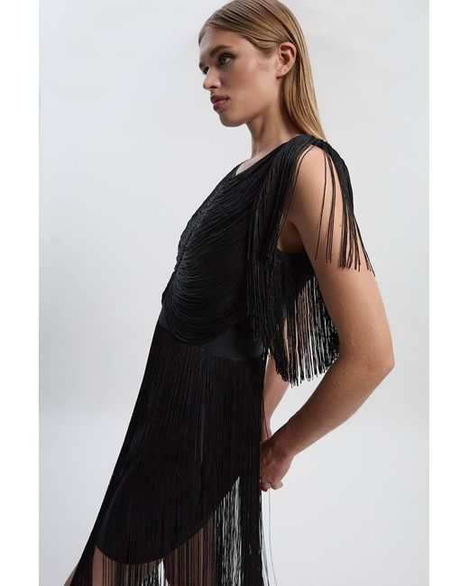 Karen Millen Black Maxi Draped Fringe Knitted Mini Dress