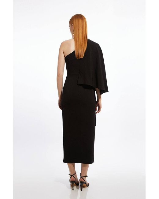 Karen Millen Black Compact Stretch Viscose Drape Sleeve One Shoulder Tailored Maxi Dress